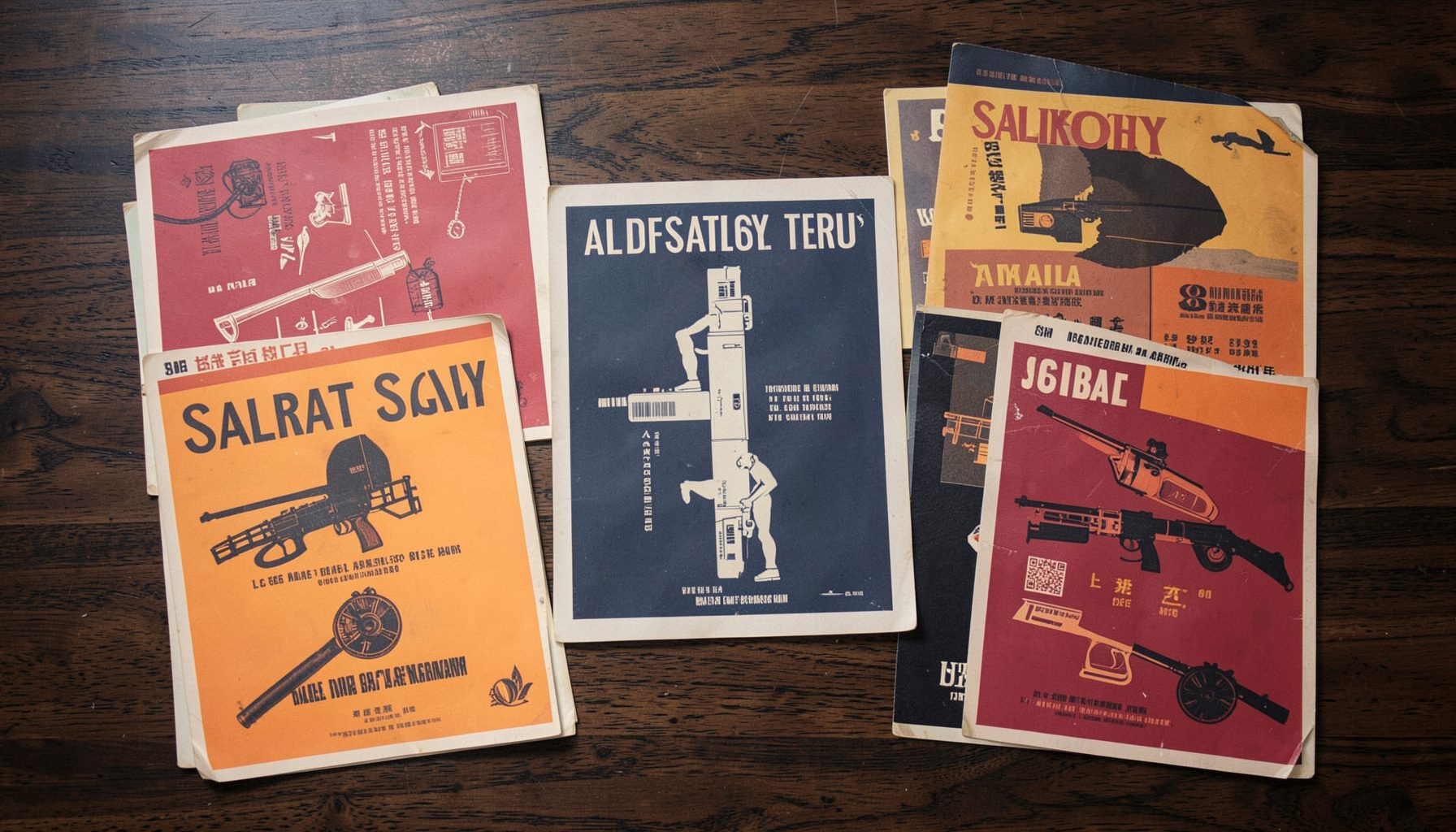 Overhead flat-lay of vintage safety posters in muted reds, yellows, and navy blues, arranged on a dark wood surface with soft natural light casting gentle shadows