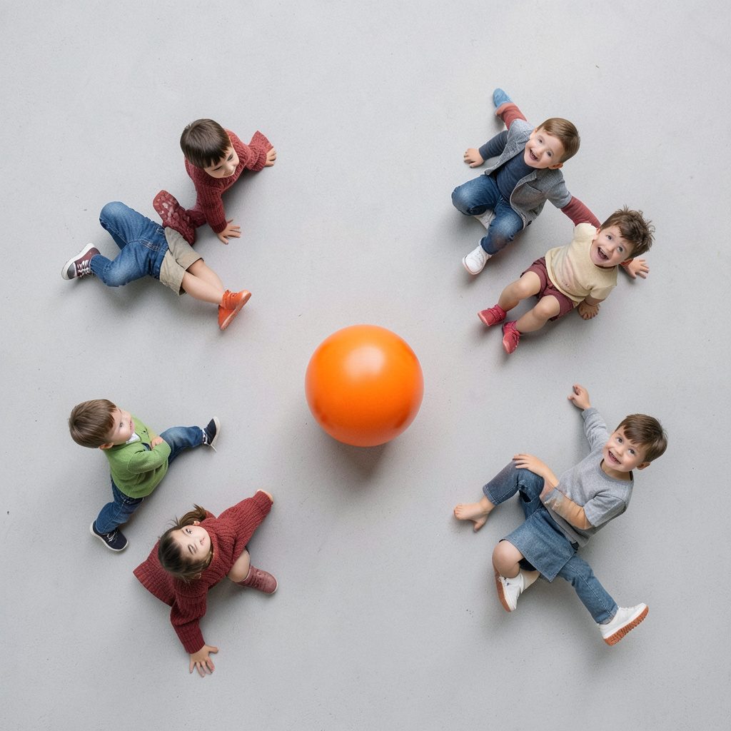 A play-street scene with children and a ball, in muted brick reds and slate blues.