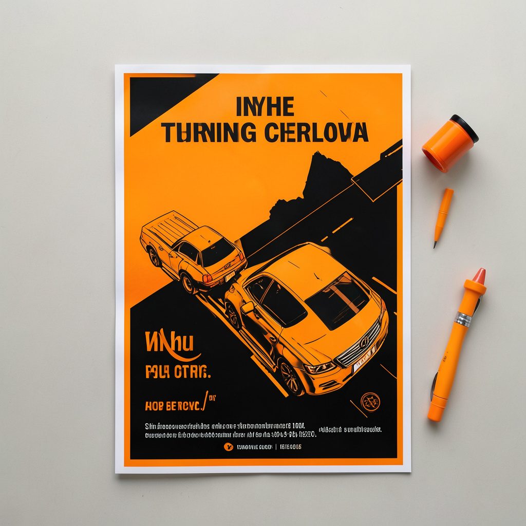 A dramatic poster warning about turning vehicles, with bold orange and black graphics.
