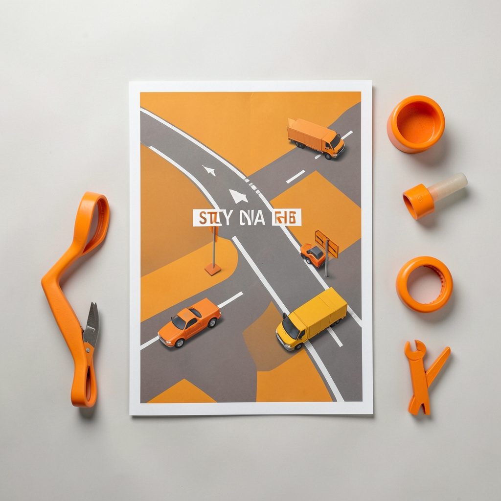 A road-safety poster urging children to stay away from traffic, in warm amber and grey.