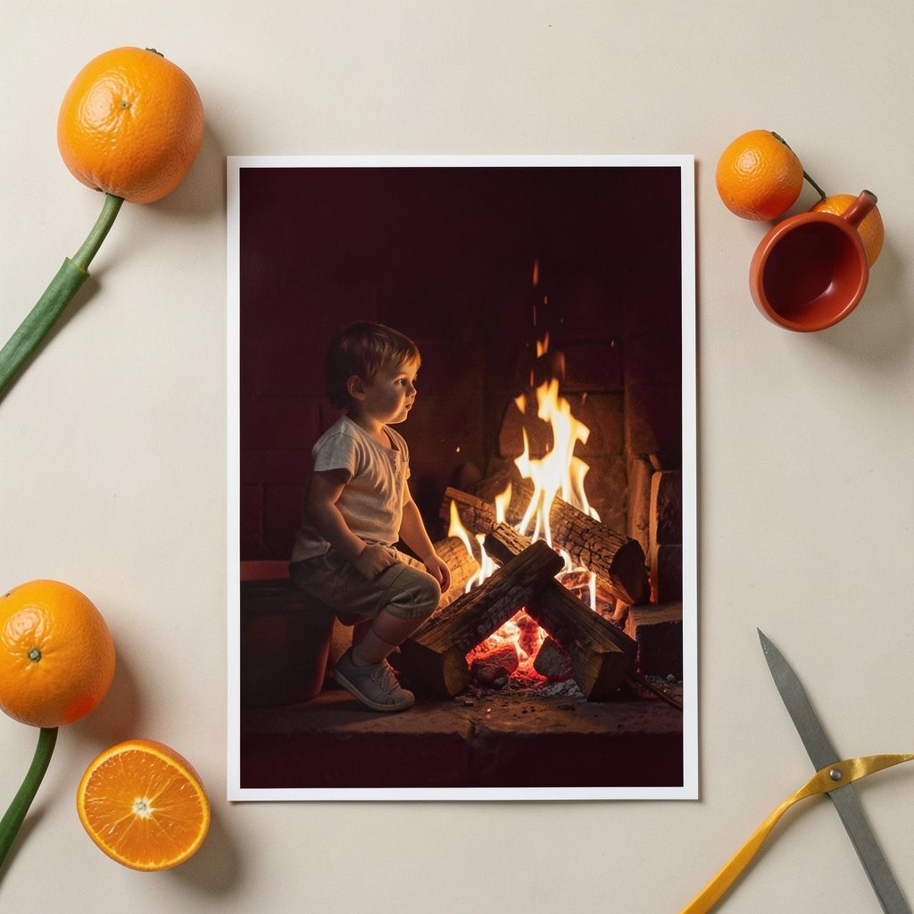 A fireside safety poster with a child and a guarded hearth, in deep crimson and warm gold.