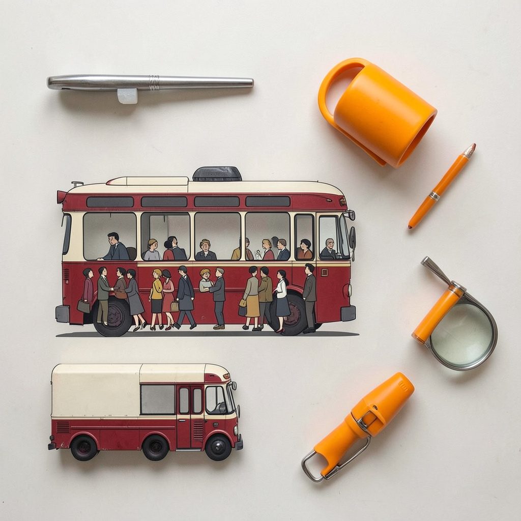Vintage bus illustration with passengers waiting at a stop, in rich crimson, cream, and charcoal.