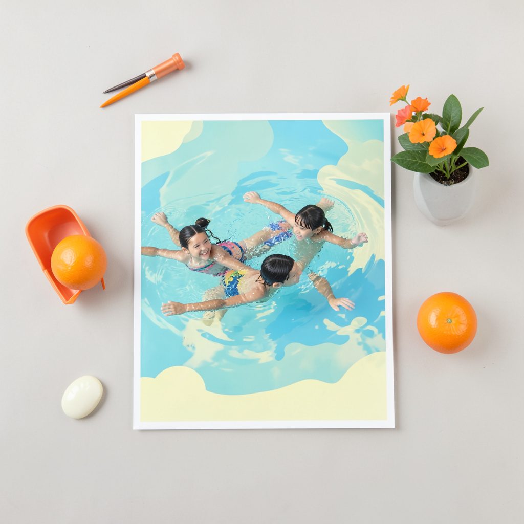 A swimming safety poster with children learning to swim, in cool aqua blues and pale yellows.