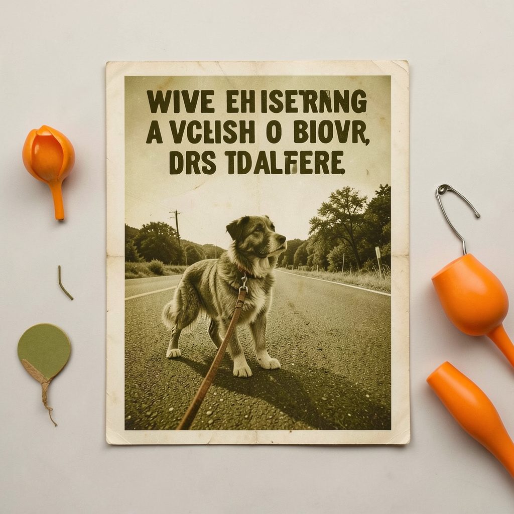 Vintage poster of a dog on a lead beside a road, rendered in warm sepia and olive tones with bold hand-lettered warning text.
