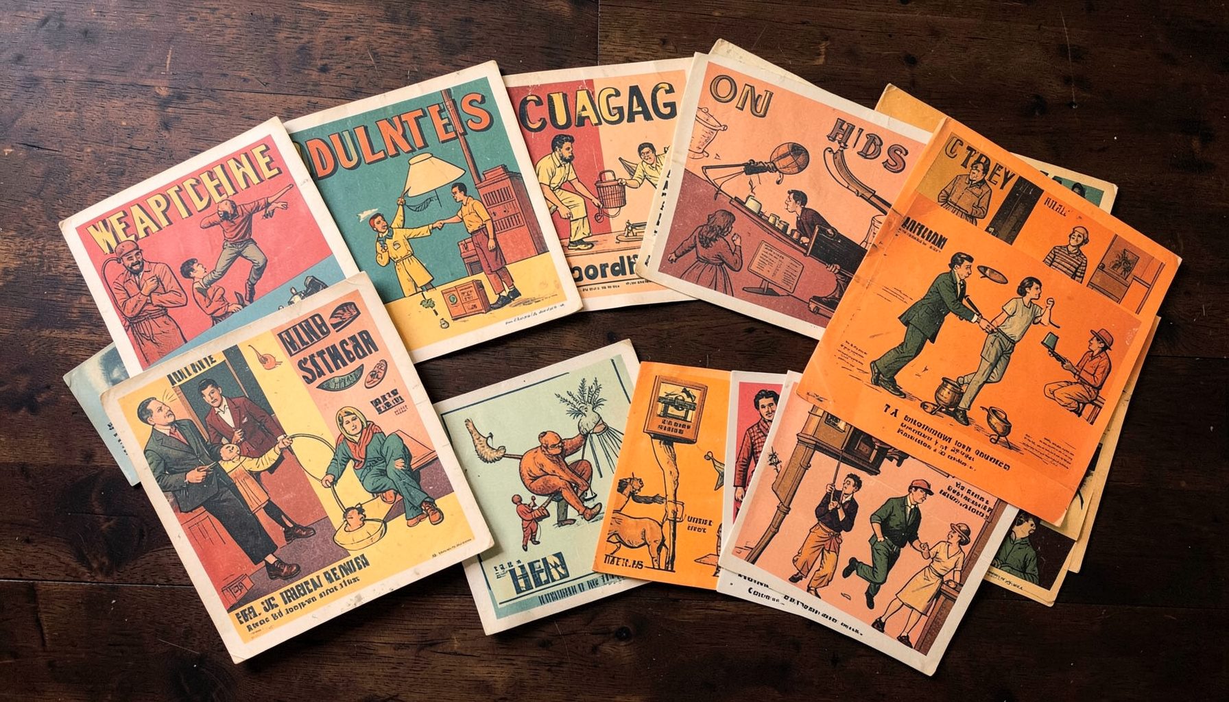 Overhead flat-lay of vintage safety posters spread across a dark wooden surface, featuring bold mid-century illustrations in muted reds, yellows, and teals with hand-drawn characters and typography