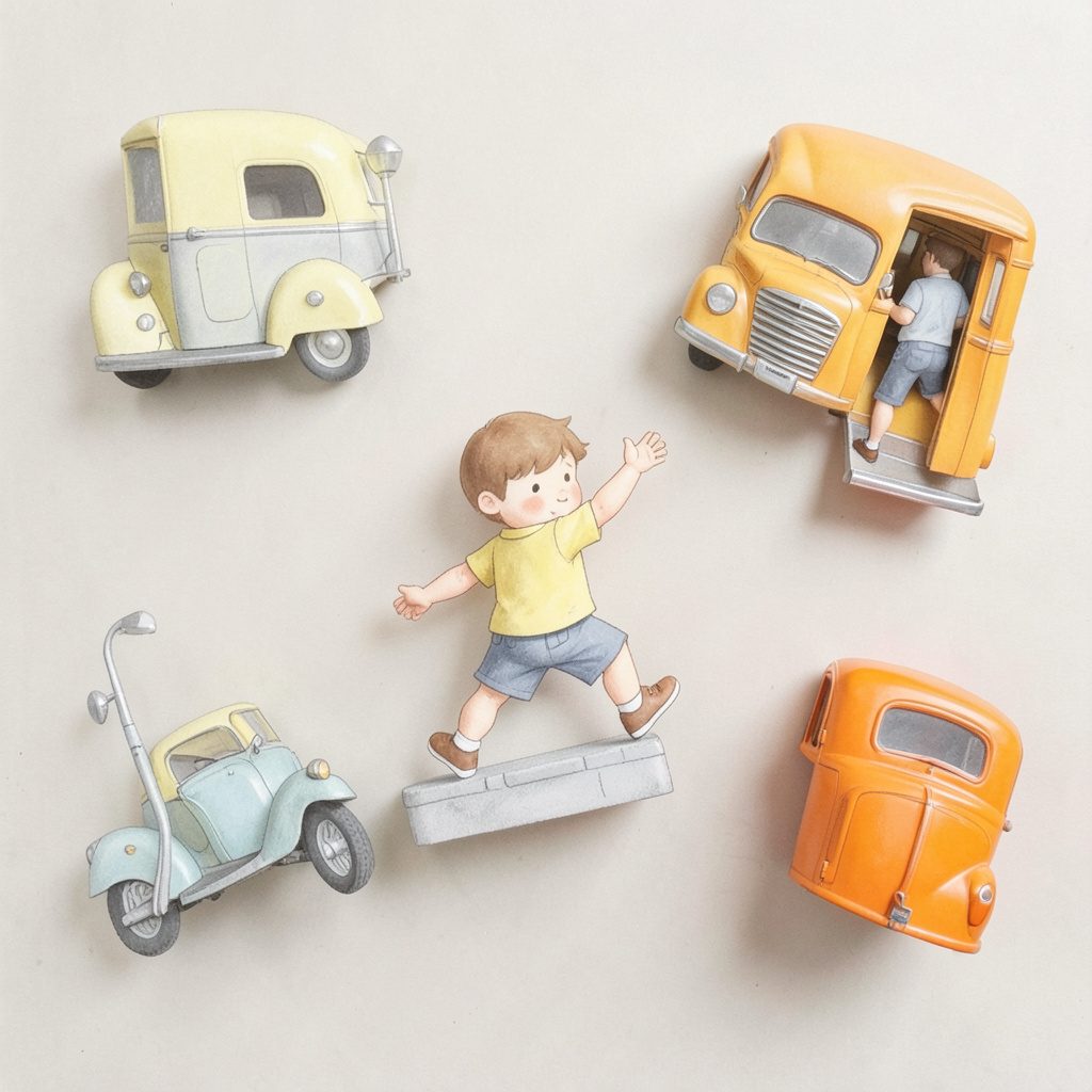 Child stepping off a curb with a raised hand, illustrated in soft pastel yellows and greys with 1950s street furniture.