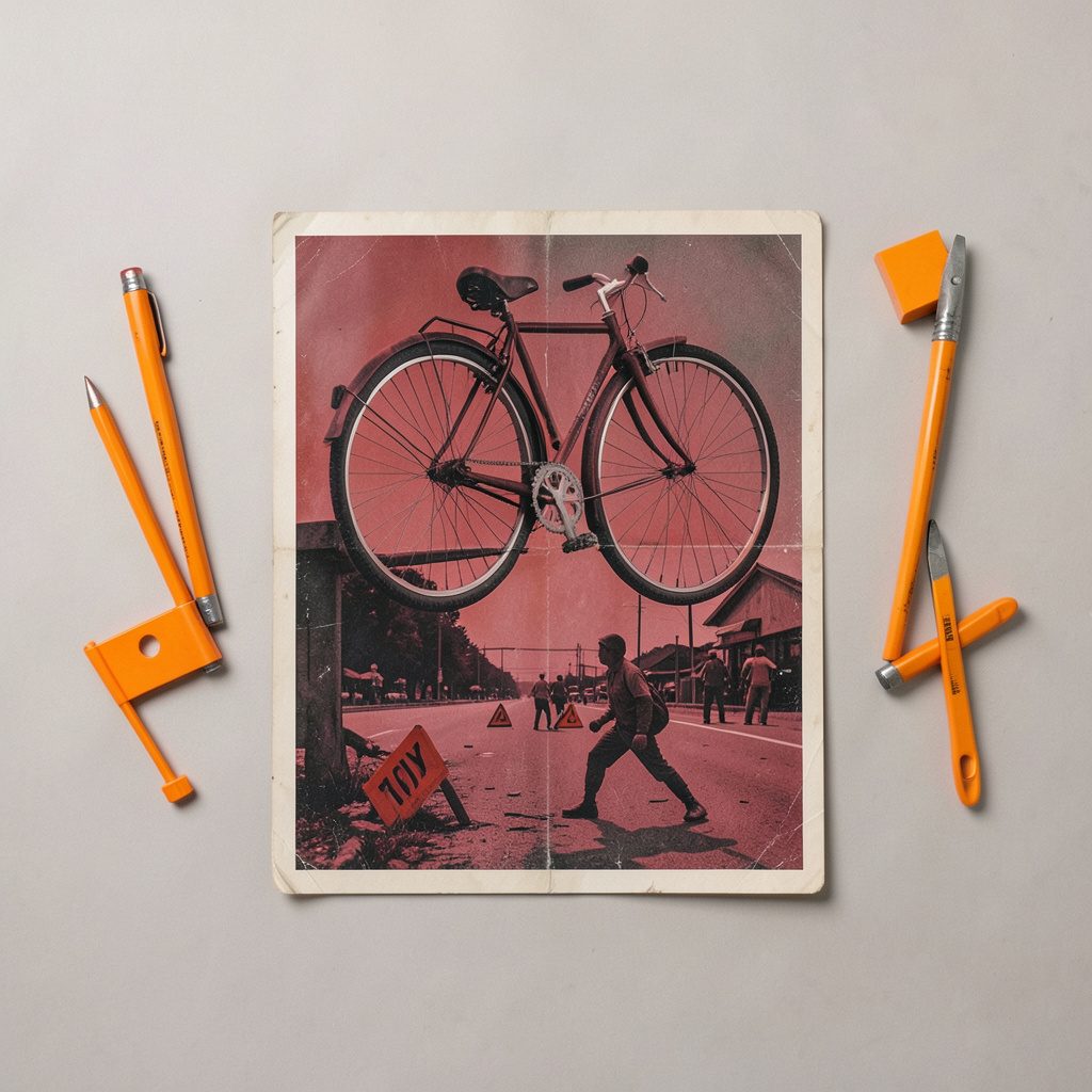 A vintage road-safety poster showing a bicycle wheel and a cautionary scene, in deep reds and slate greys.