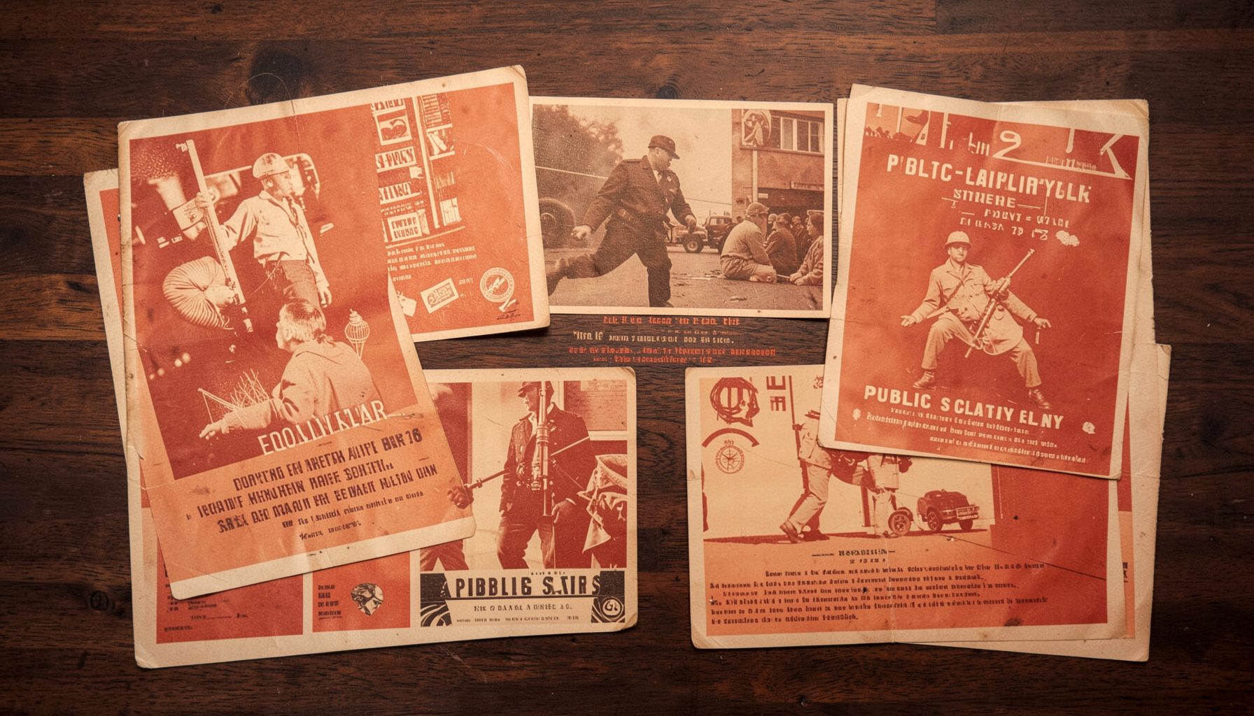 A flat-lay photograph of vintage public safety posters in warm sepia and muted red tones, arranged on a dark wood surface with soft overhead lighting.