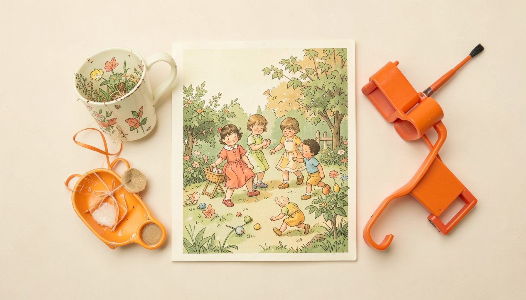 A warm-toned vintage illustration of children playing safely in a garden, with soft greens and muted yellows against a cream background.