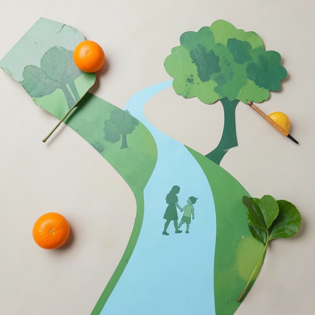 Pedestrian path winding through a park, painted in verdant greens and sky blues with a mother and child motif.