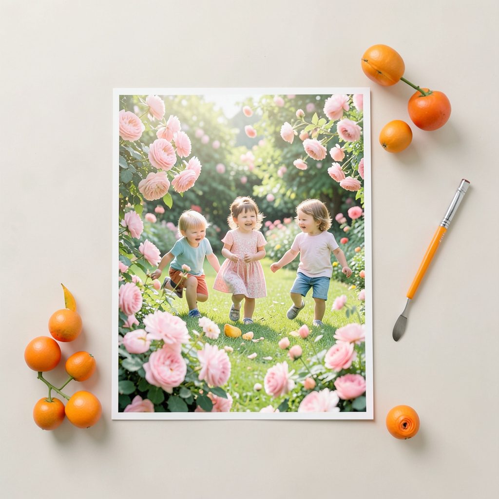 A cheerful poster of children playing in a garden, with blooming flowers in soft pinks and greens.