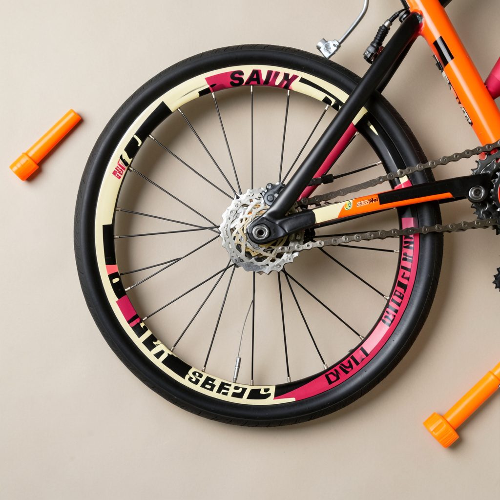 Close-up of a bicycle rear wheel and chain, rendered in bold graphic black, cream, and crimson with a safety slogan.