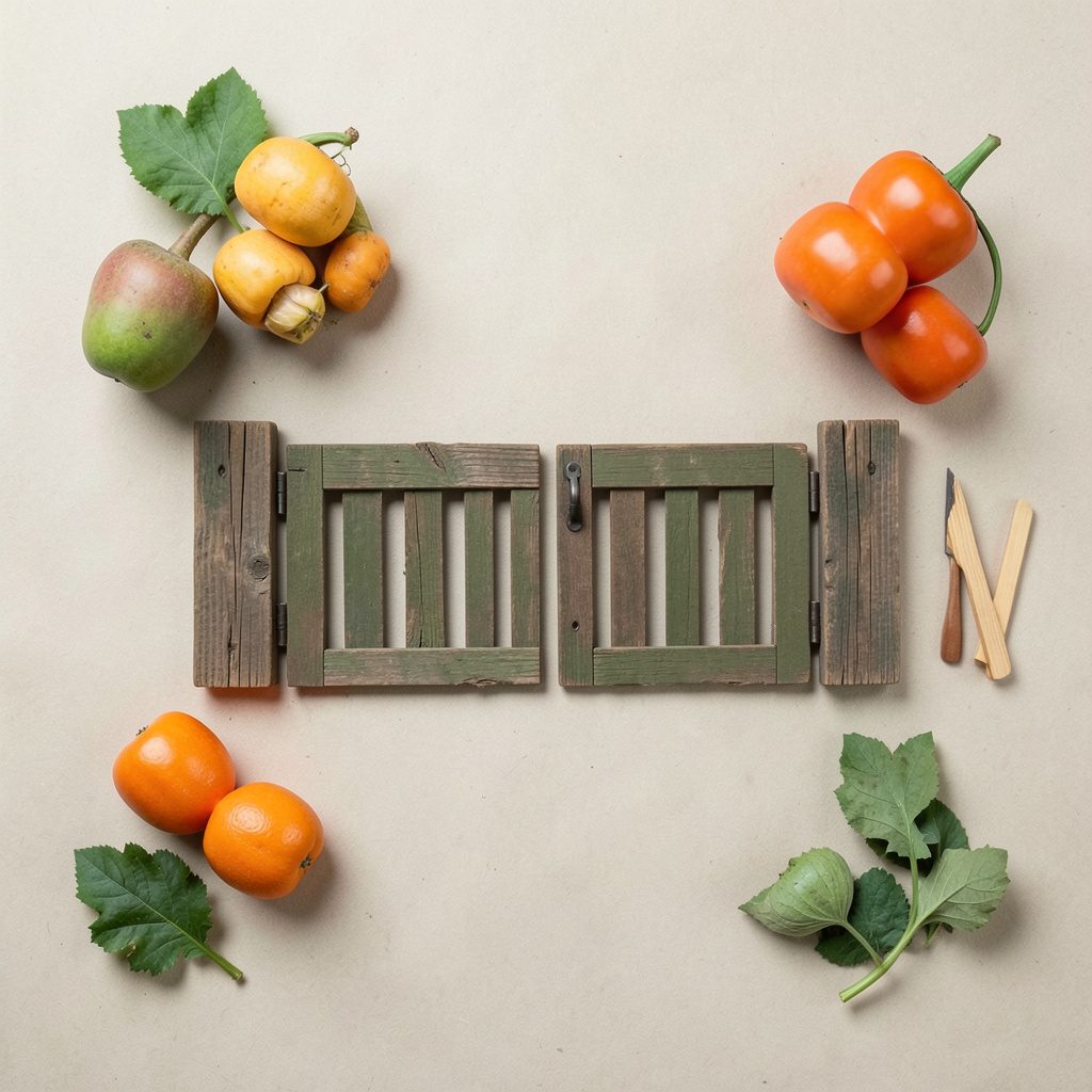 A farmyard-style poster reminding children to shut gates, in earthy greens and browns.