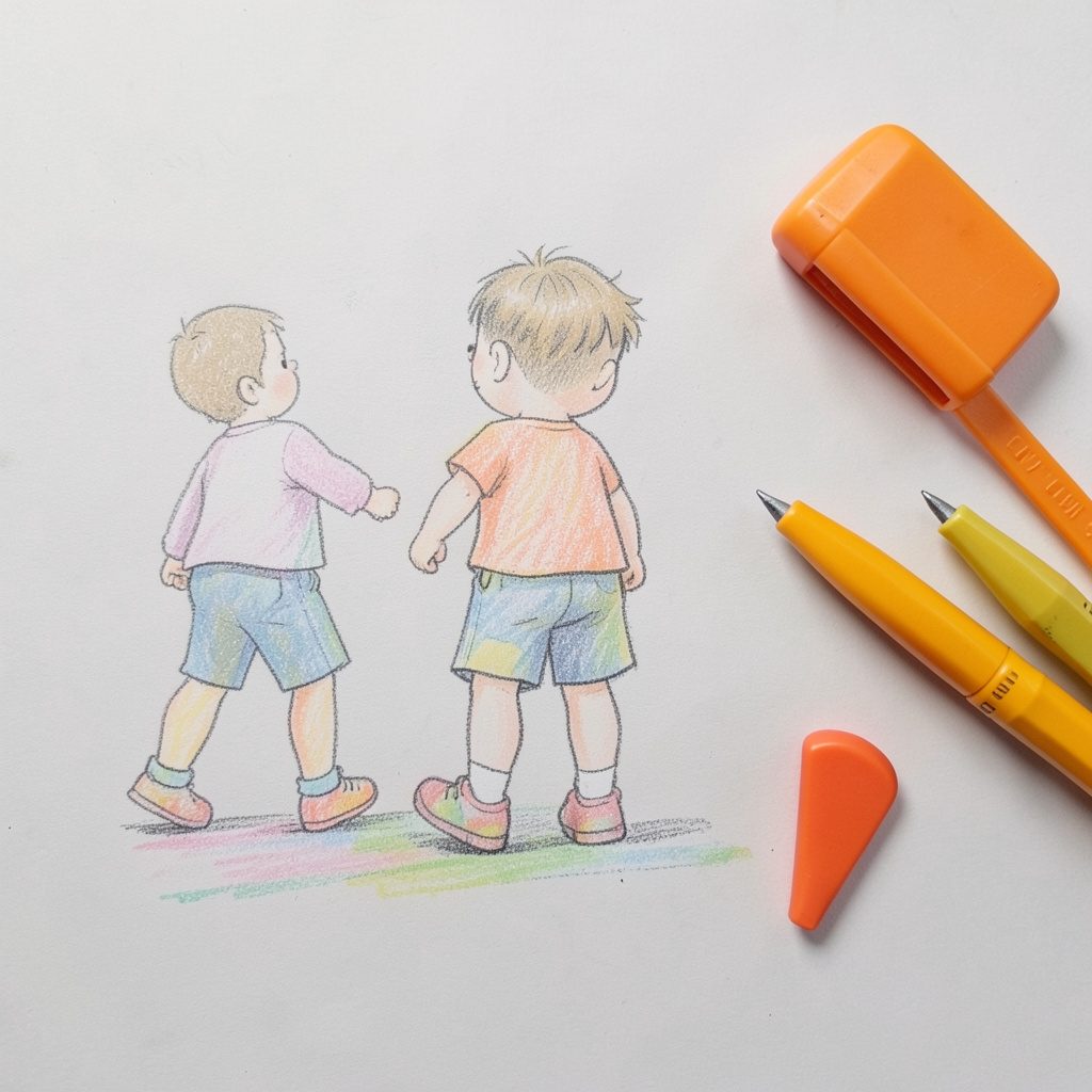 A mid-century kerb drill illustration with a child looking both ways, in soft pastels and charcoal outlines.