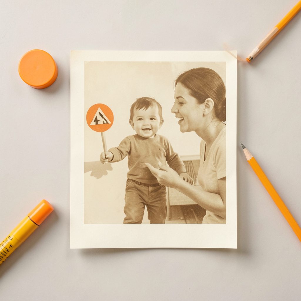A tender poster of a child asking their mother about road safety, rendered in warm sepia and cream tones.
