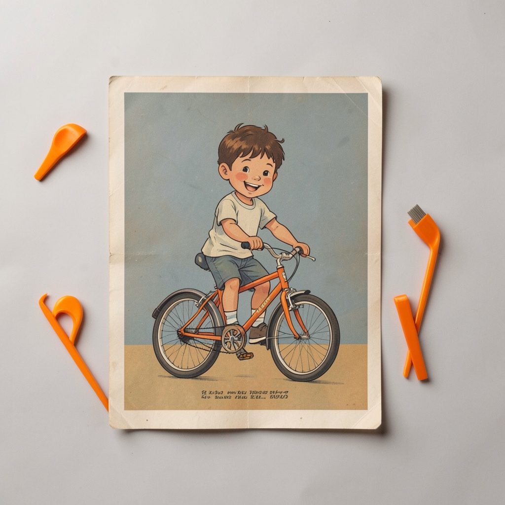 A vintage poster of a smiling child on a bicycle with a cycling proficiency certificate, in muted blues and warm ochres.