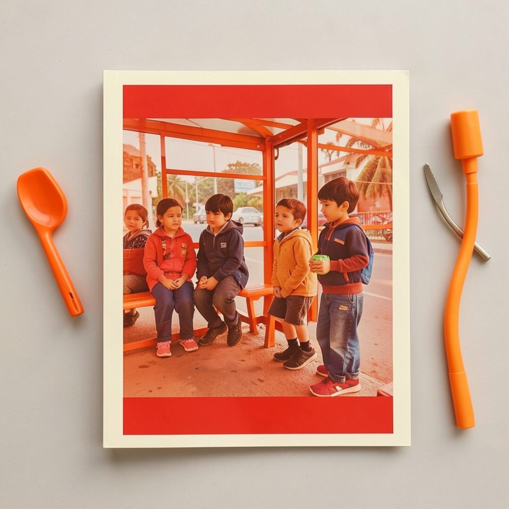 A bus-stop safety poster showing children waiting patiently, in bold reds and cream.