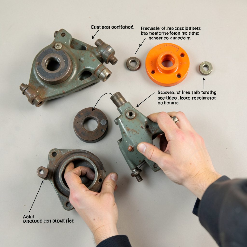 Mechanic inspecting a car brake assembly, illustrated in muted industrial greens and rust browns with instructional captions.
