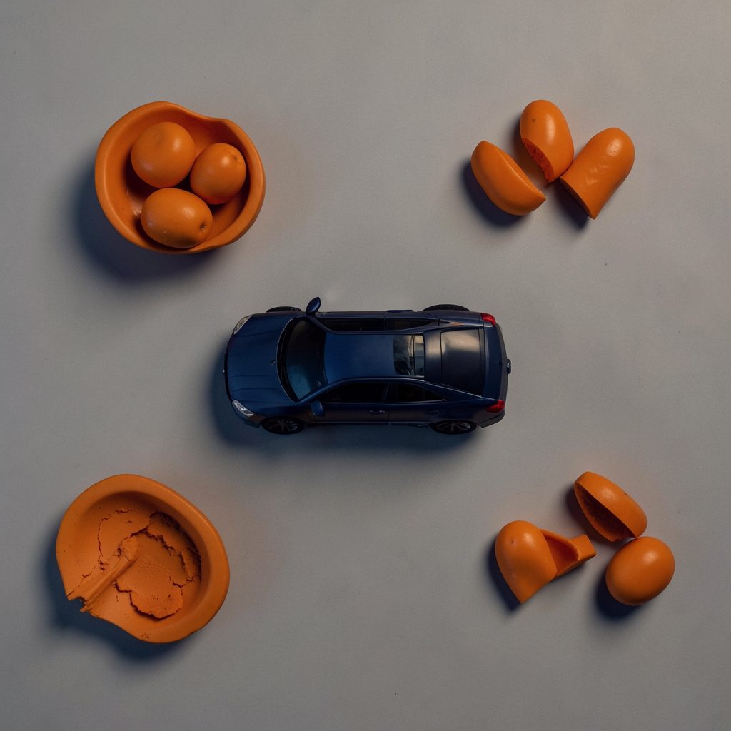 Dramatic twilight road scene with a lone vehicle, painted in deep indigo, amber, and slate grey.