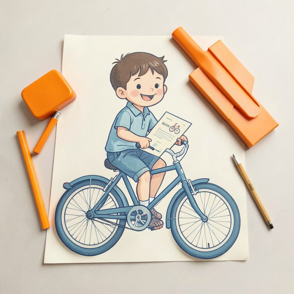 Mid-century illustration of a smiling child on a bicycle holding a cycling certificate, in soft blues and cream.